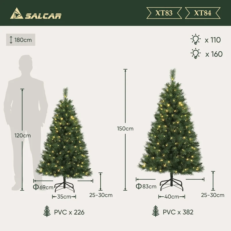 Salcar 120/150/180/210/240cm Künstlicher Weihnachtsbaum mit LED, mit 226/382/580/868/1168 Spitzen und 250/380/450 LEDs