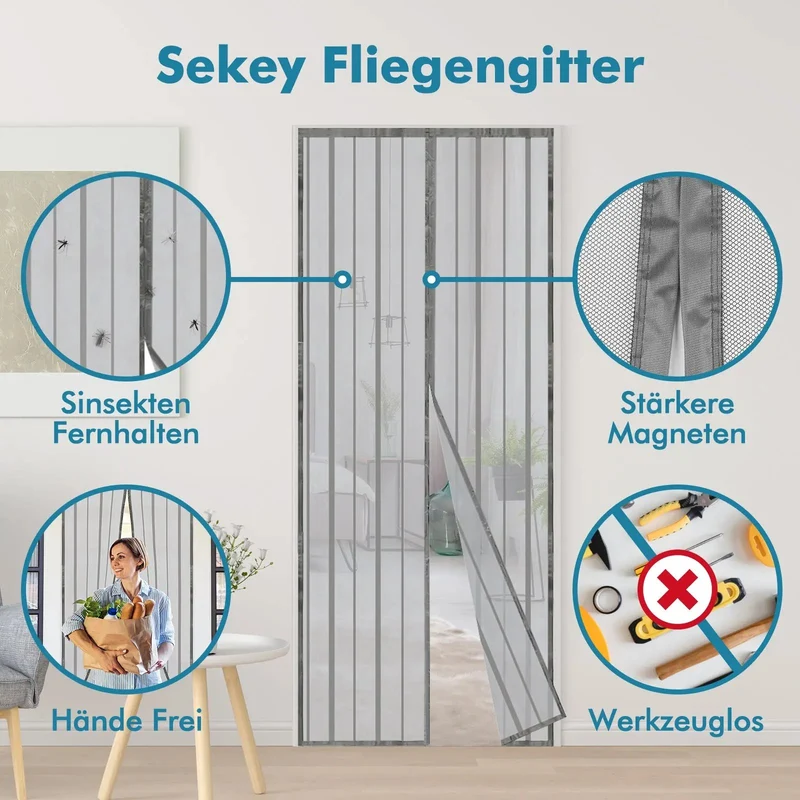 Sekey Magnet Fliegengitter Tür aus Polyester, mit Bändern, Grau
