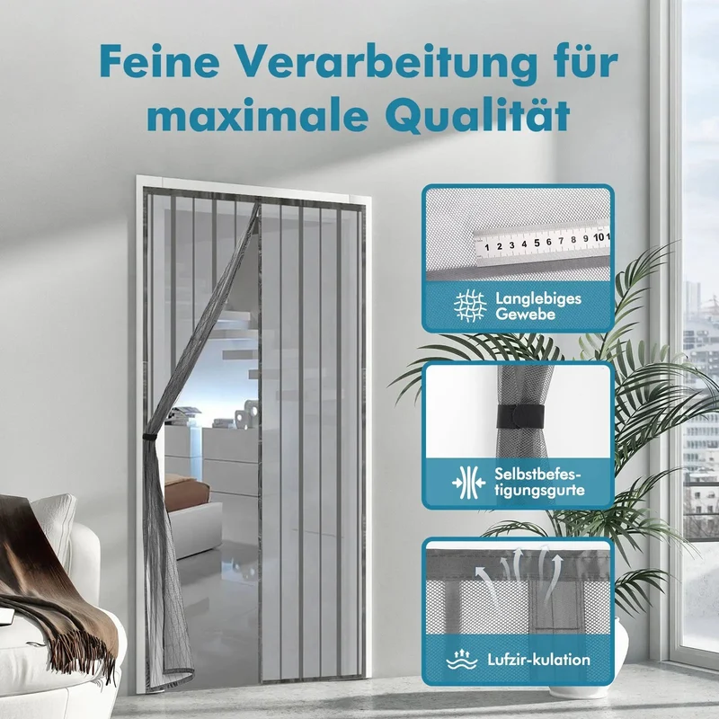 Sekey Magnet Fliegengitter Tür aus Polyester, mit Bändern, Grau