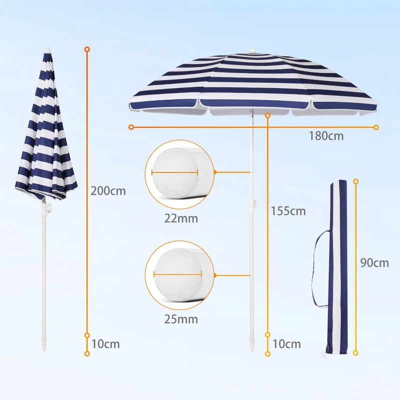 Sekey 180 cm Strandschirm mit Schutzhülle und Bodenhülse, Sonnenschutz UV50+