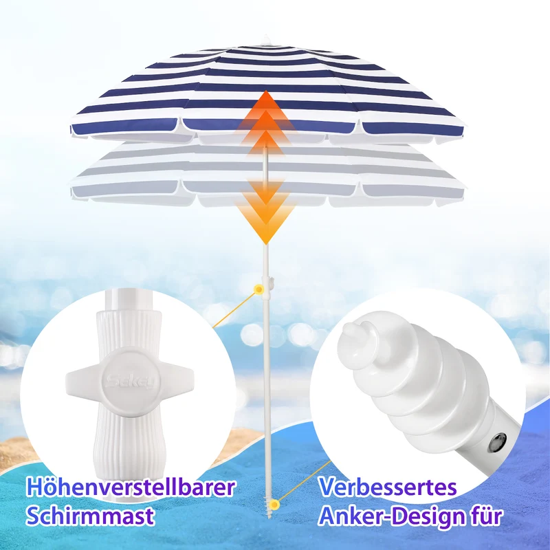 Sekey 180 cm Strandschirm mit Schutzhülle und Bodenhülse, Sonnenschutz UV50+