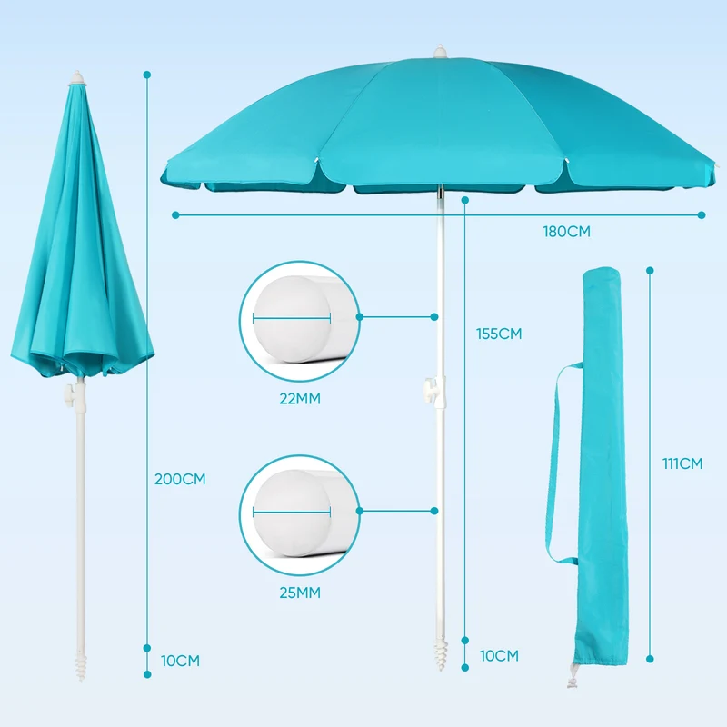 Sekey 180 cm Strandschirm mit Schutzhülle und Bodenhülse, Sonnenschutz UV50+