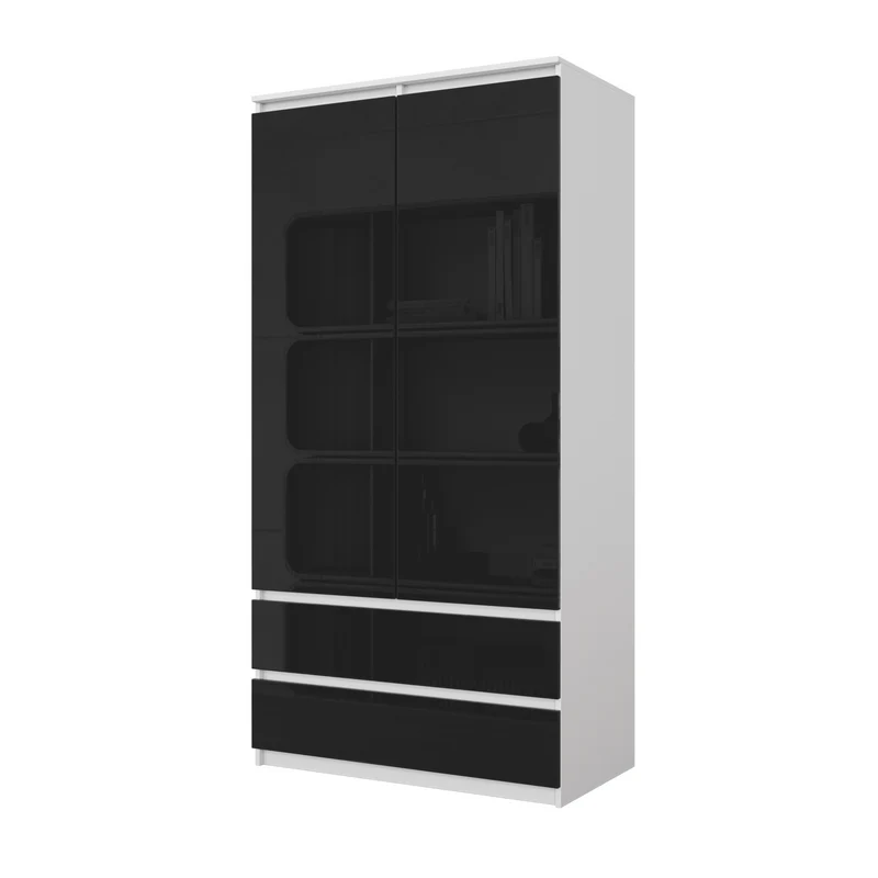 JOELLE - Kleiderschrank mit 2 Türen und 2 Schubladen - Weiß Matt / Schwarz Gloss H180cm B90cm T50cm