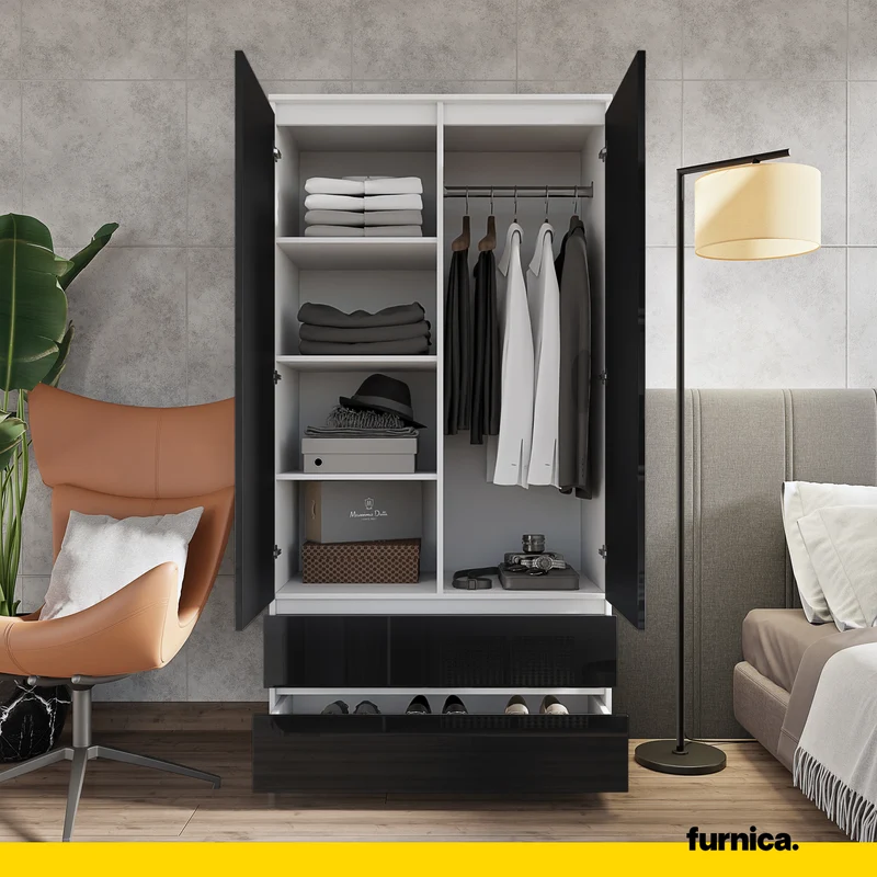 JOELLE - Kleiderschrank mit 2 Türen und 2 Schubladen - Weiß Matt / Schwarz Gloss H180cm B90cm T50cm