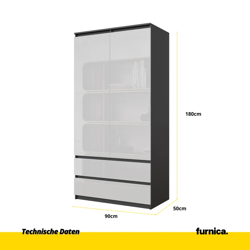 JOELLE - Kleiderschrank mit 2 Türen und 2 Schubladen - Anthrazit / Weißglanz H180cm B90cm T50cm
