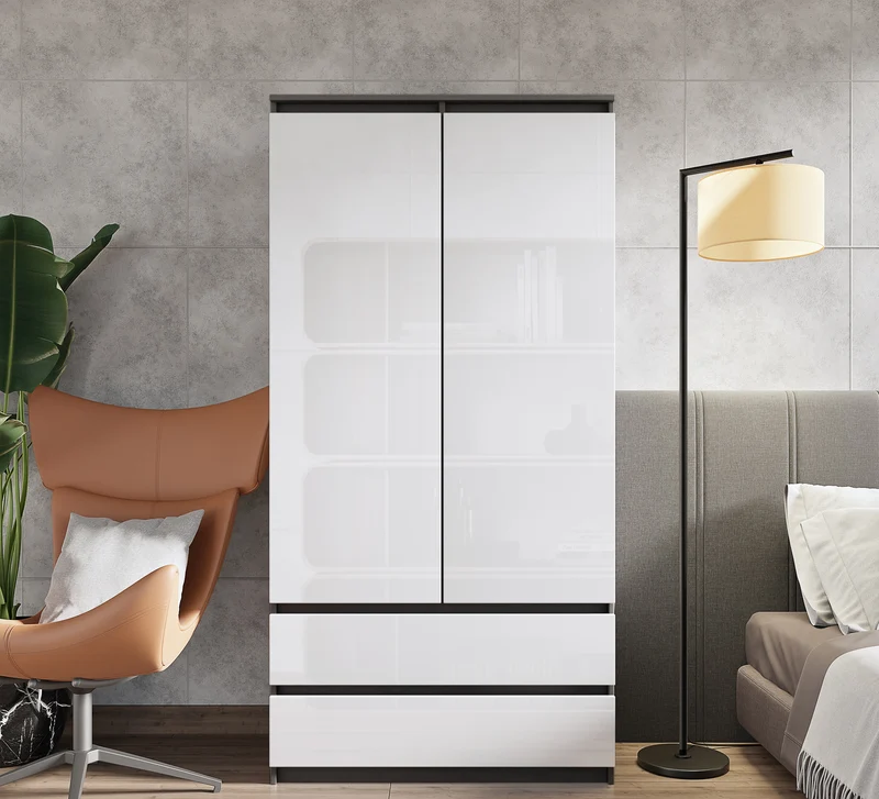 JOELLE - Kleiderschrank mit 2 Türen und 2 Schubladen - Anthrazit / Weißglanz H180cm B90cm T50cm