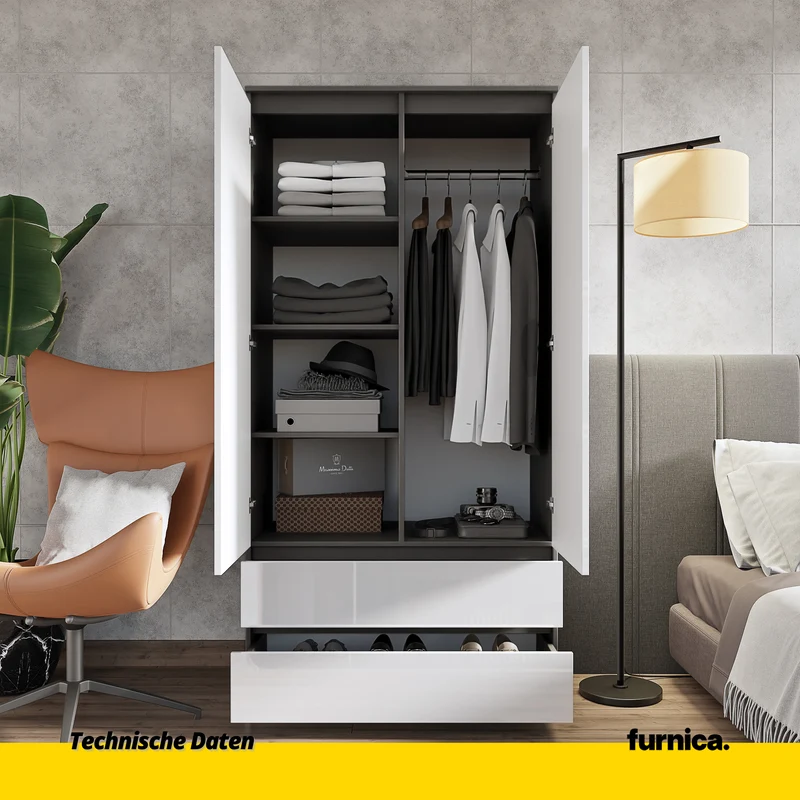 JOELLE - Kleiderschrank mit 2 Türen und 2 Schubladen - Anthrazit / Weißglanz H180cm B90cm T50cm