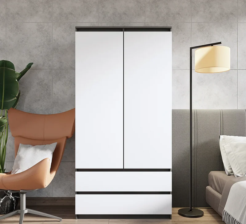 JOELLE - Kleiderschrank mit 2 Türen und 2 Schubladen - Anthrazit / Weiß Matt H180cm B90cm T50cm