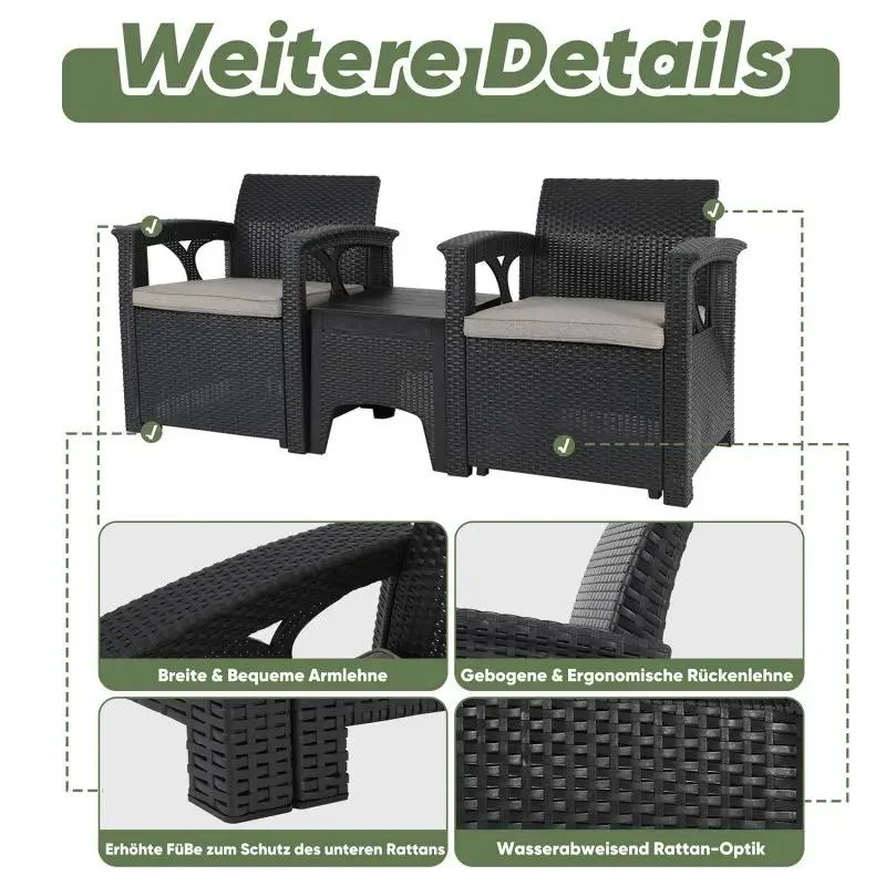 Sekey 3-teilig Gartenmöbel Set, 2 Sessel und Gartentisch