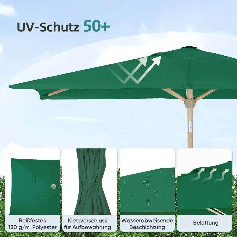 Sekey 210 x 140 cm Alu Sonnenschirm mit Kurbel, Sonnenschutz UV50+, aus Holz-Metall