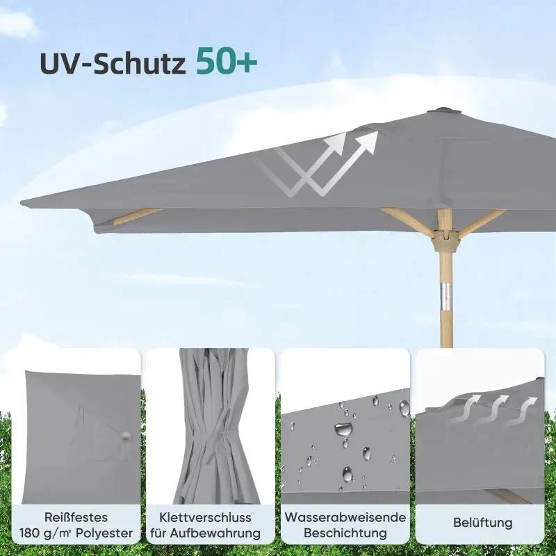 Sekey 210 x 140 cm Alu Sonnenschirm mit Kurbel, Sonnenschutz UV50+, aus Holz-Metall