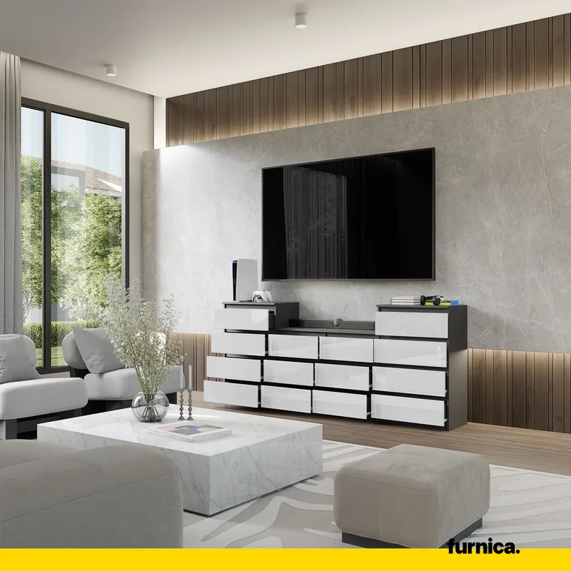 GABRIEL - Kommode / Sideboard mit 14 Schubladen (4+6+4) - Anthrazit / Weiß Gloss H92/70cm B220cm T33cm