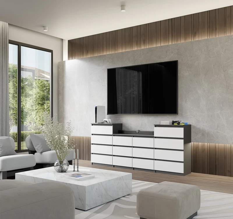 GABRIEL - Kommode / Sideboard mit 14 Schubladen (4+6+4) - Anthrazit / Weiß Matt H92/70cm B220cm T33cm