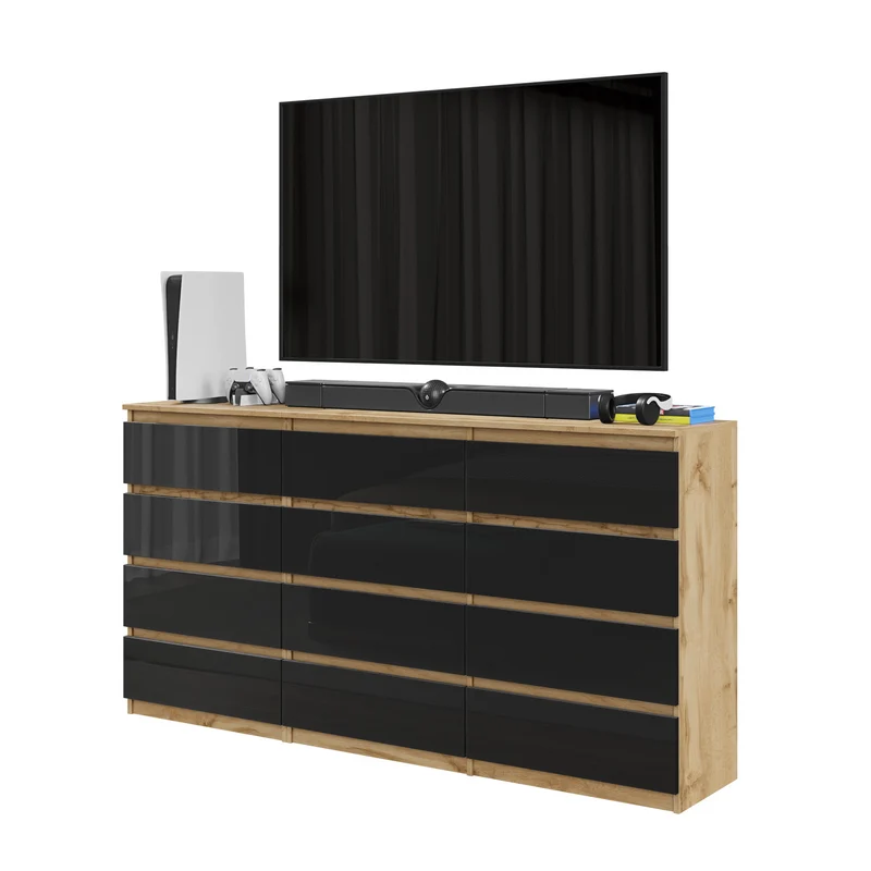 GABRIEL - Kommode / Sideboard mit 12 Schubladen (8+4) - Wotan Eiche / Schwarz Gloss H92cm B180cm T33cm