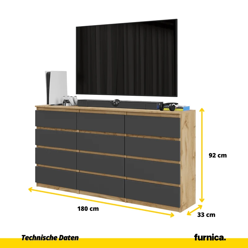GABRIEL - Kommode / Sideboard mit 12 Schubladen (8+4) - Wotan Eiche / Anthrazit H92cm B180cm T33cm