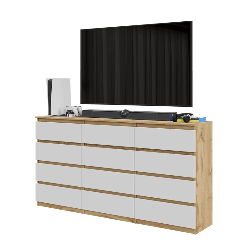 GABRIEL - Kommode / Sideboard mit 12 Schubladen (8+4) - Wotan Eiche / Weiß Matt H92cm B180cm T33cm