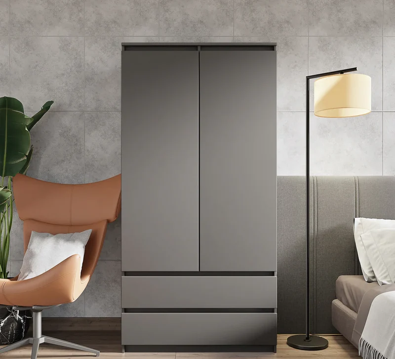 JOELLE - Kleiderschrank mit 2 Türen und 2 Schubladen - Anthrazit H180cm B90cm T50cm