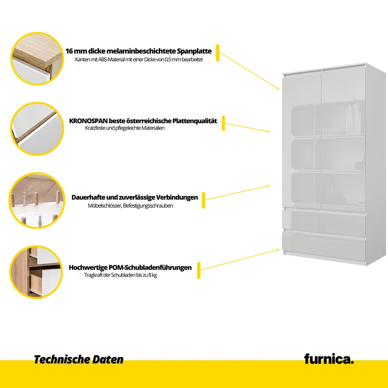 JOELLE - Kleiderschrank mit 2 Türen und 2 Schubladen - Weiß Matt / Weißglanz H180cm B90cm T50cm