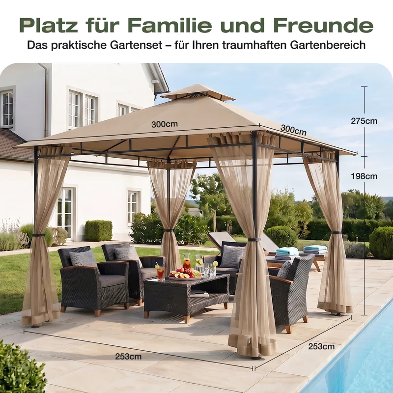 Sekey Garten Pavillon 3x3 m, Gartenzelt mit Moskitonetz, Atmungsaktives Doppeldach 160g/㎡ Polyester