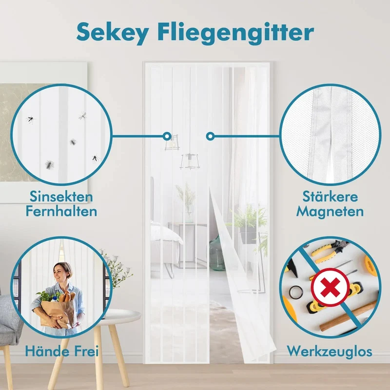 Sekey Magnet Fliegengitter Tür aus Polyester, mit Bändern, Weiß