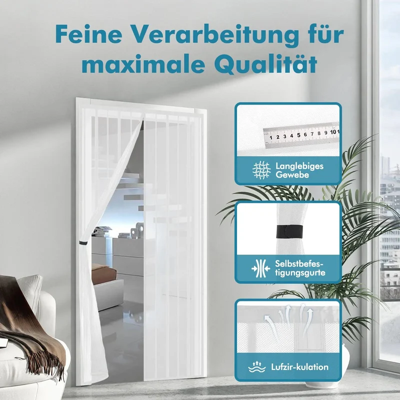 Sekey Magnet Fliegengitter Tür aus Polyester, mit Bändern, Weiß