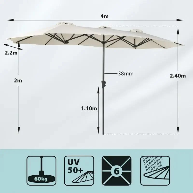 Sekey 220 × 400 cm Doppelsonnenschirm mit Kurbel, UV50+
