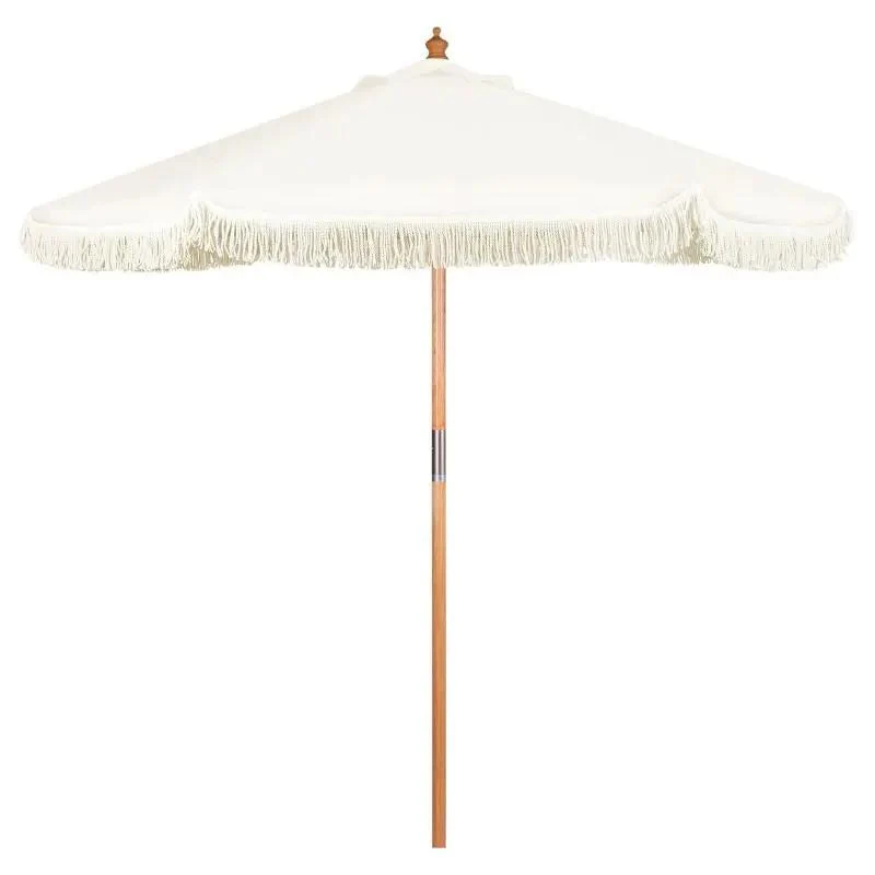 Sekey 220 cm Holz Sonnenschirm mit Fransen, Sonnenschutz UV50+