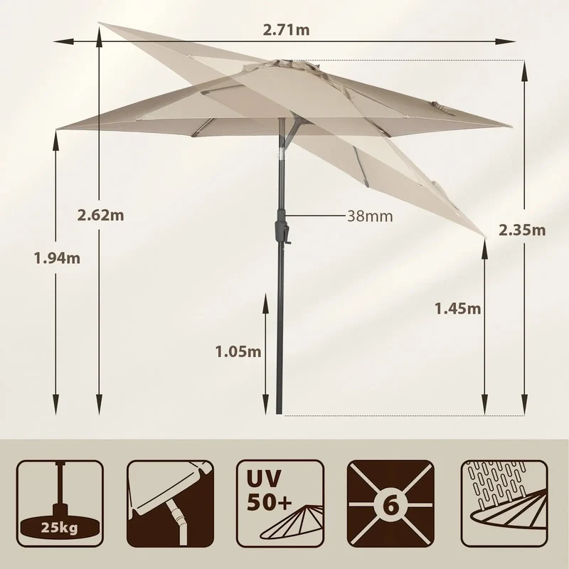 Sekey 270cm Sonnenschirm mit Kurbel, Knickbar im Sitzen, Sonnenschutz UV50+