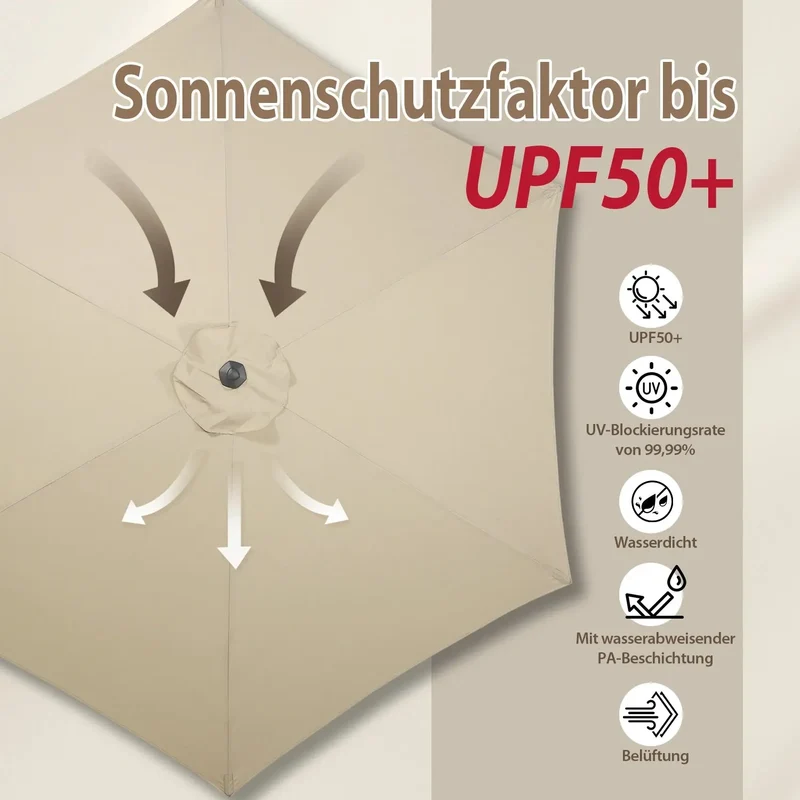 Sekey 270cm Sonnenschirm mit Kurbel, Knickbar im Sitzen, Sonnenschutz UV50+