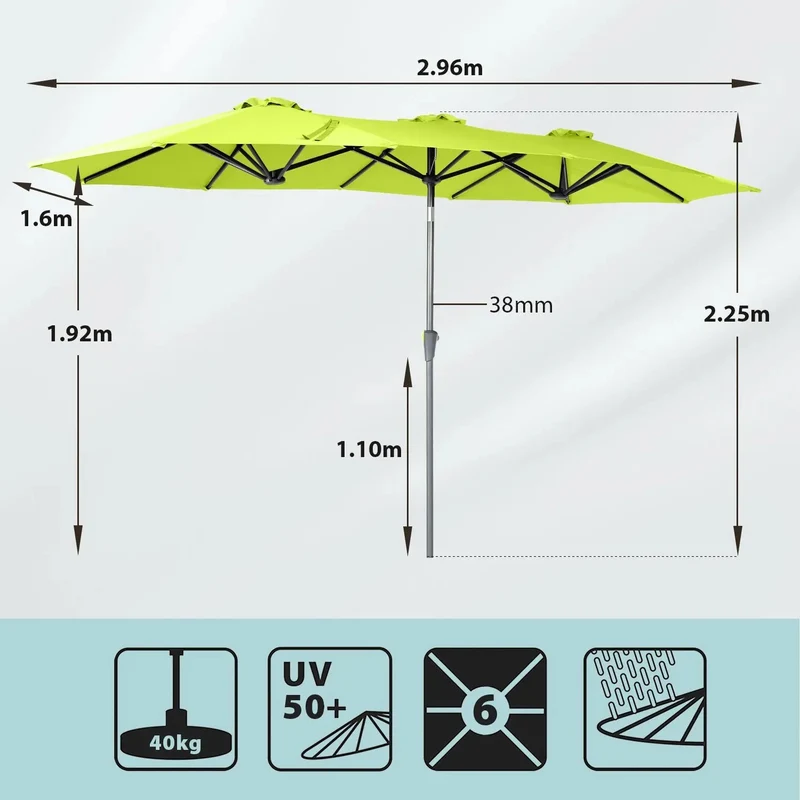 Sekey 300 x 160 cm Doppelsonnenschirm mit Kurbel, UV50+