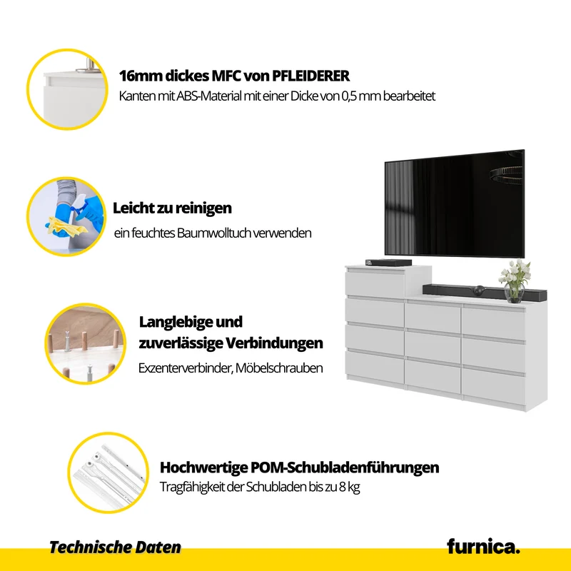 GABRIEL - Kommode / Sideboard mit 10 Schubladen (6+4) - Wotan Eiche / Schwarz Gloss H92/70cm B160cm T33cm