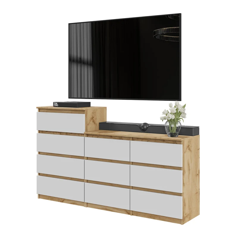 GABRIEL - Kommode / Sideboard mit 10 Schubladen (6+4) - Wotan Eiche / Weiß Matt H92/70cm B160cm T33cm