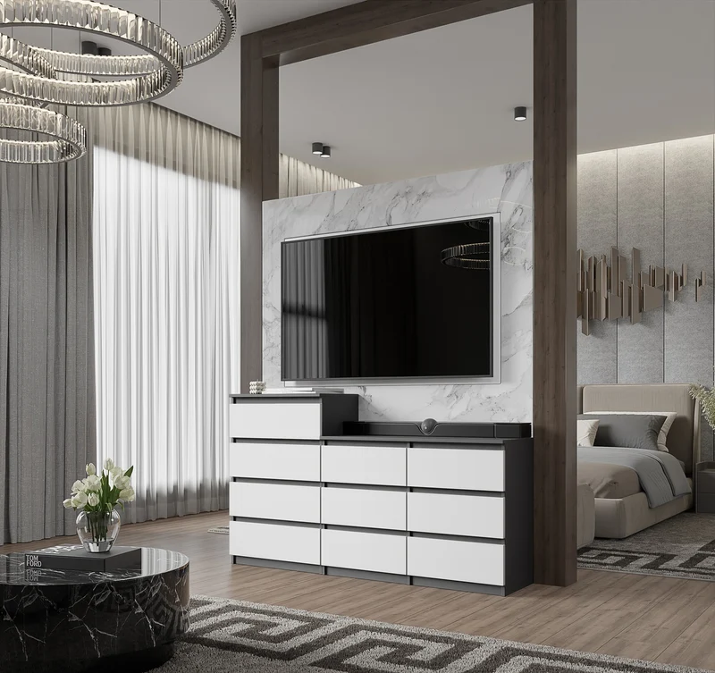 GABRIEL - Kommode / Sideboard mit 10 Schubladen (6+4) - Anthrazit / Weiß Matt H92/70cm B160cm T33cm