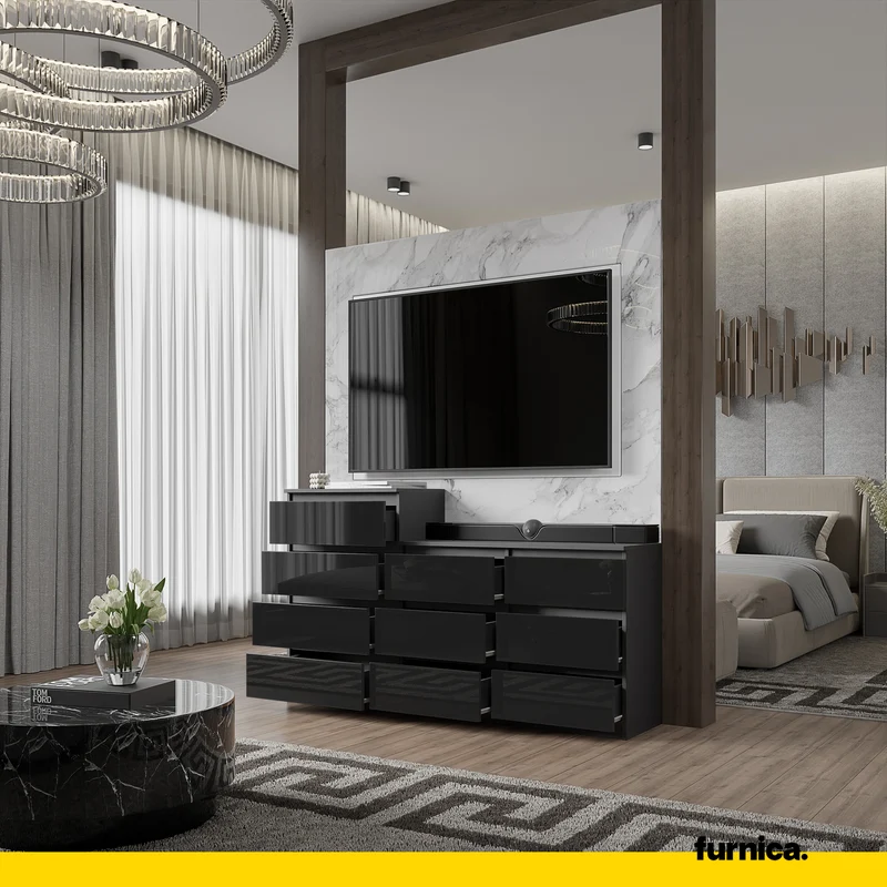 GABRIEL - Kommode / Sideboard mit 10 Schubladen (6+4) - Anthrazit / Schwarz Gloss H92/70cm B160cm T33cm
