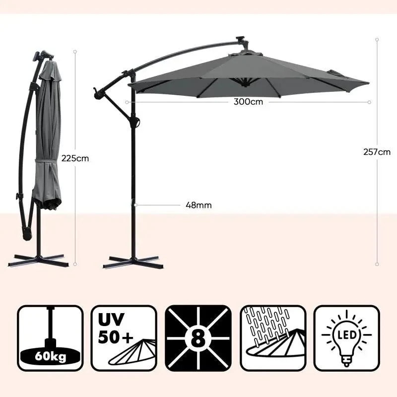 Sekey 300 cm Ampelschirm mit LED Solar Beleuchtung, Sonnenschutz UV50+