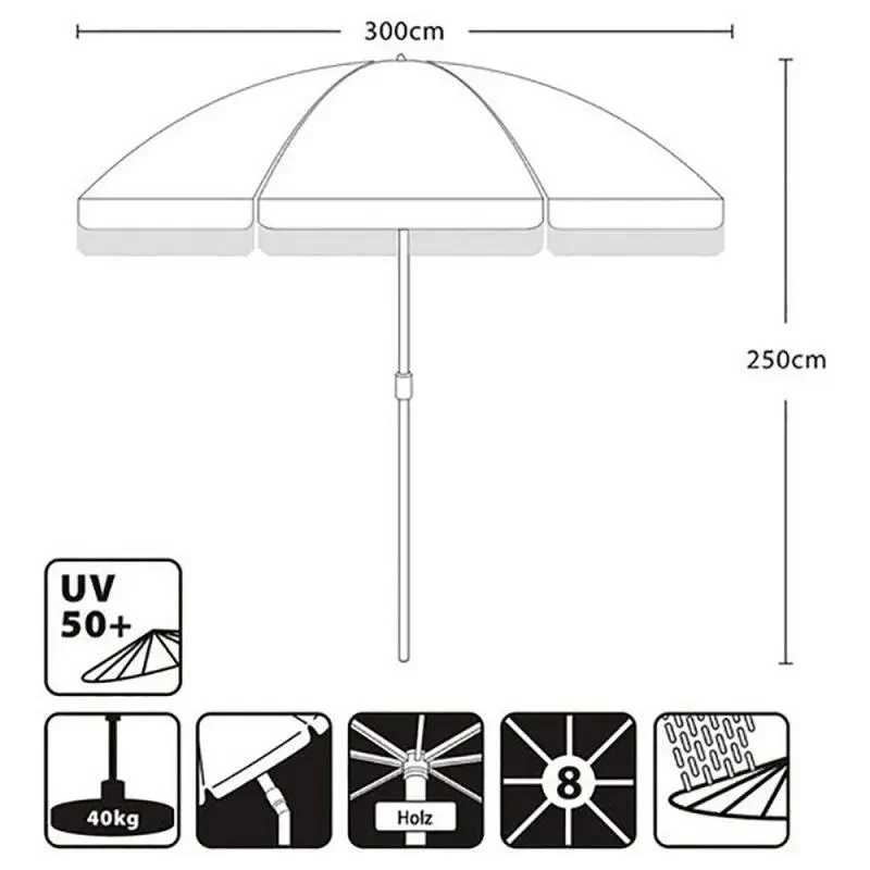 Sekey 300 cm Holz Sonnenschirm mit Fransen, Sonnenschutz UV50+