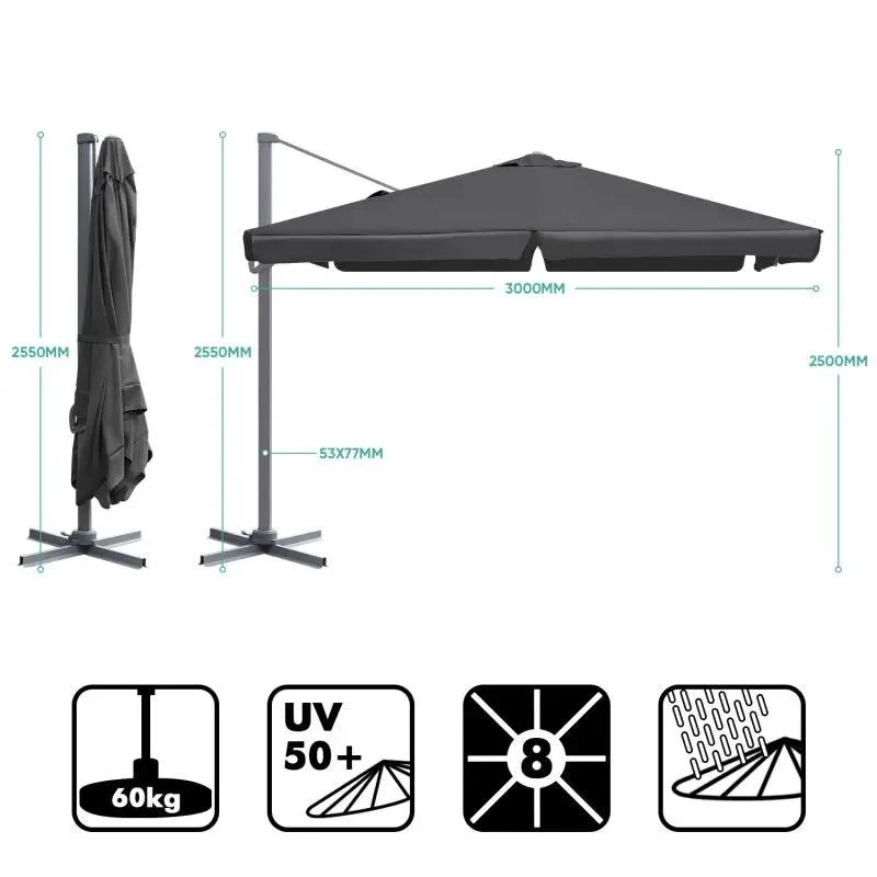 Sekey 300 cm x 300 cm Ampelschirm, Sonnenschutz UV50+