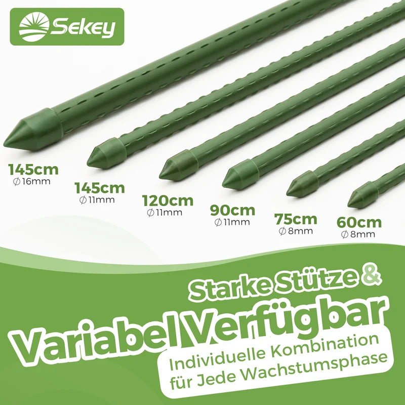 Sekey Tomaten Rankhilfe – Pflanzenstütze aus kunststoffbeschichtetem Stahl, rostfrei, Rankstab für Tomaten, Gurken, Bohnen & Blumen, verschiedene Größen 60cm / 75cm / 90cm / 120cm / 145cm Rankstäbe, Grün