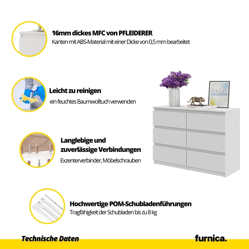 GABRIEL - Kommode / Sideboard mit 6 Schubladen - Wotan Eiche / Schwarz Gloss H71cm B100cm TD33cm
