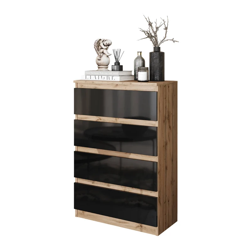 GABRIEL - Kommode / Sideboard mit 4 Schubladen - Wotan Eiche / Schwarz Gloss H92cm B60cm T33cm