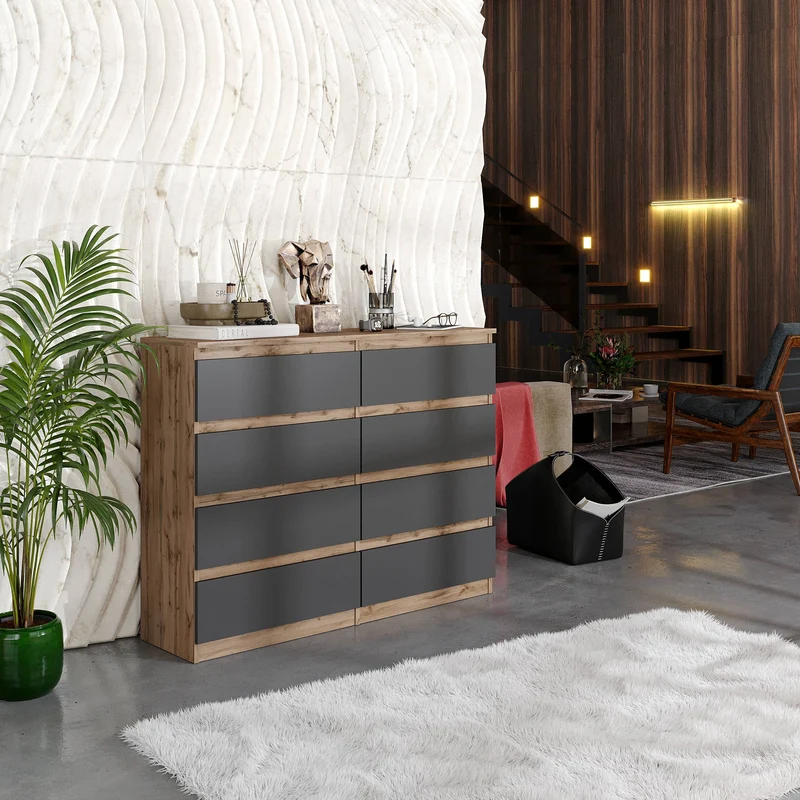 GABRIEL - Kommode / Sideboard mit 8 Schubladen - Wotan Eiche / Anthrazit H92cm B120cm T33cm