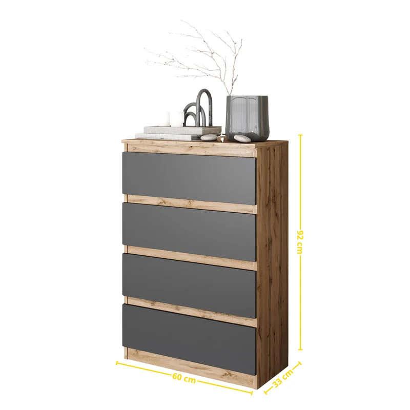 GABRIEL - Kommode / Sideboard mit 4 Schubladen - Wotan Eiche / Anthrazit H92cm B60cm T33cm