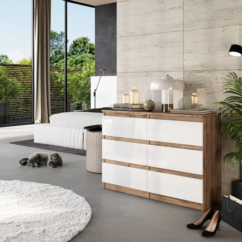 GABRIEL - Kommode / Sideboard mit 6 Schubladen - Wotan Eiche / Weiß Gloss H71cm B100cm TD33cm