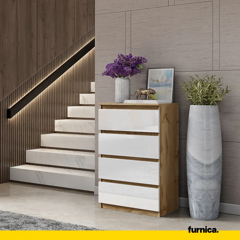 GABRIEL - Kommode / Sideboard mit 4 Schubladen - Wotan Eiche / Weiß Gloss H92cm B60cm T33cm
