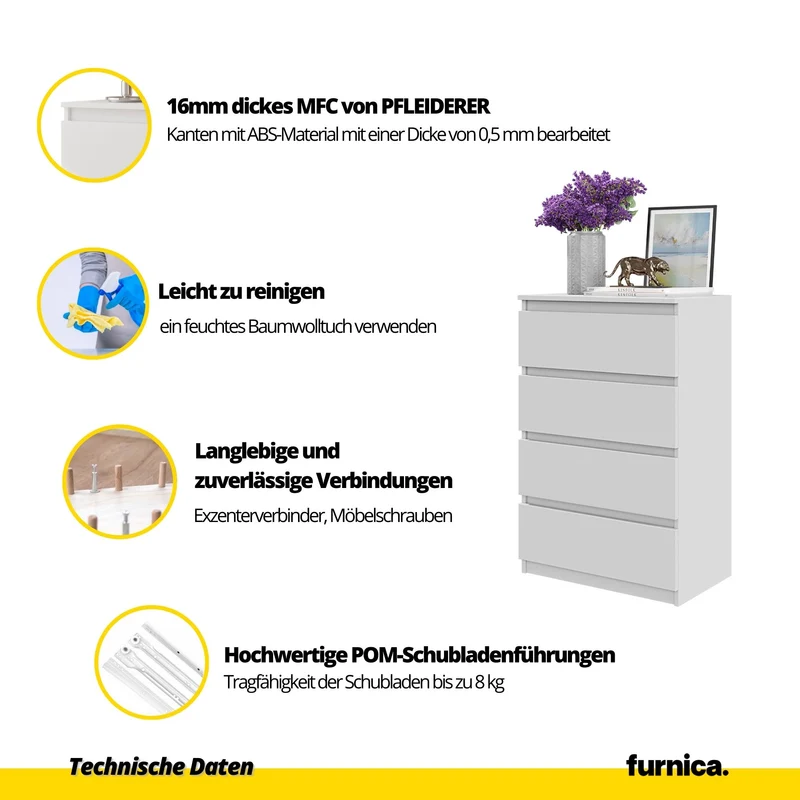 GABRIEL - Kommode / Sideboard mit 4 Schubladen - Wotan Eiche / Weiß Gloss H92cm B60cm T33cm