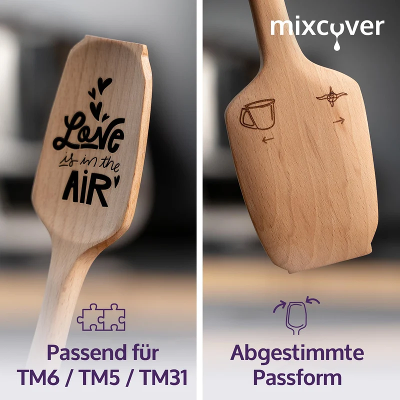mixcover Holz-Spatel für Thermomix TM7 TM6 TM5 TM31 Valentinstag Drehkellenspatel mit Gravur Love is in the air