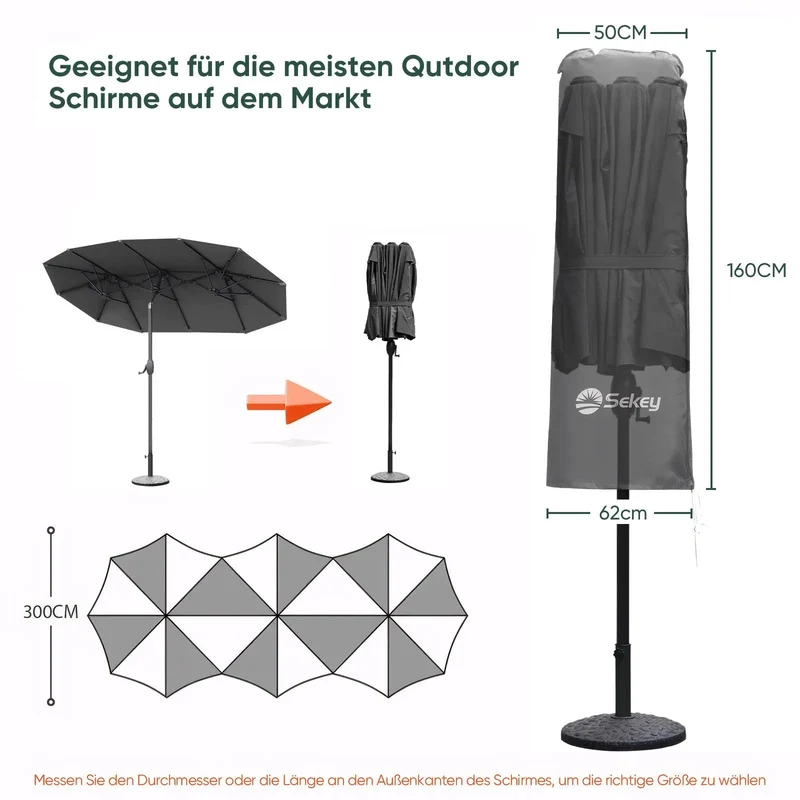 Sekey 160 x 50/62 cm Schutzhülle für Doppelsonnenschirm, aus Polyester-Gewebe