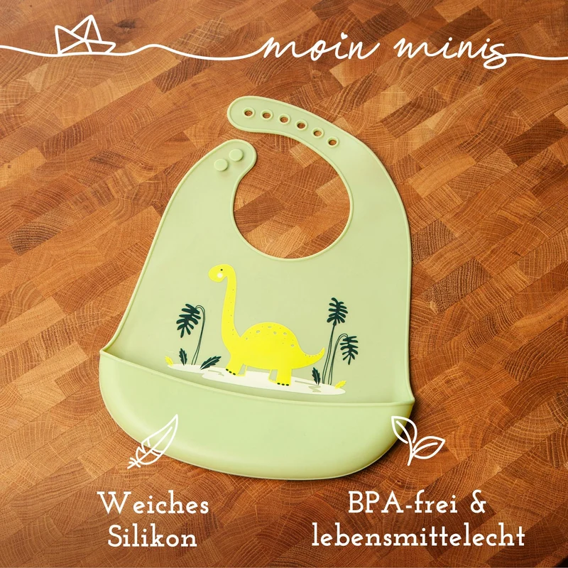 mixcover Baby Kleinkinder Silikon-Lätzchen mit Auffangschale Dino Motiv - einfach zu reinigen wasserdicht weiches Material größenverstellbar BPA-frei