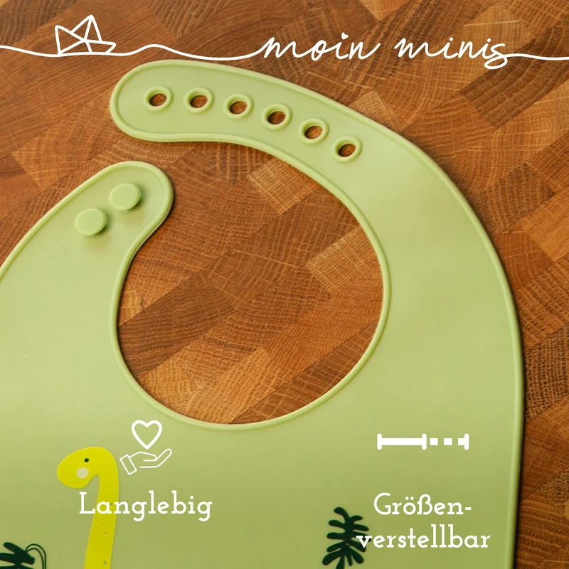 mixcover Baby Kleinkinder Silikon-Lätzchen mit Auffangschale Dino Motiv - einfach zu reinigen wasserdicht weiches Material größenverstellbar BPA-frei