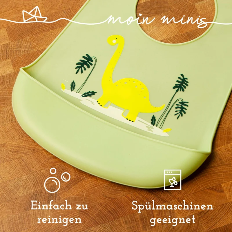 mixcover Baby Kleinkinder Silikon-Lätzchen mit Auffangschale Dino Motiv - einfach zu reinigen wasserdicht weiches Material größenverstellbar BPA-frei